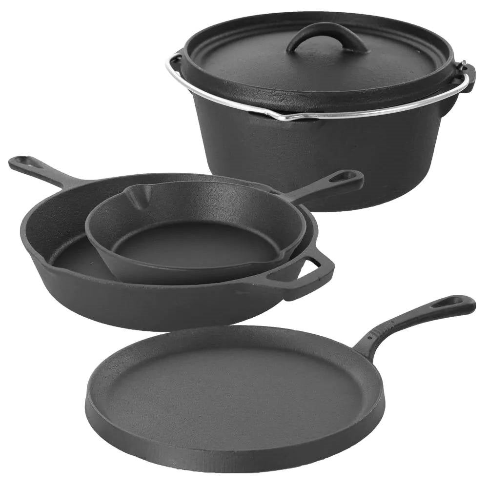 5-Piece Cast Iron Cookware Set with Dutch Oven Griddle and 2 Skillets ideal for versatile cooking.