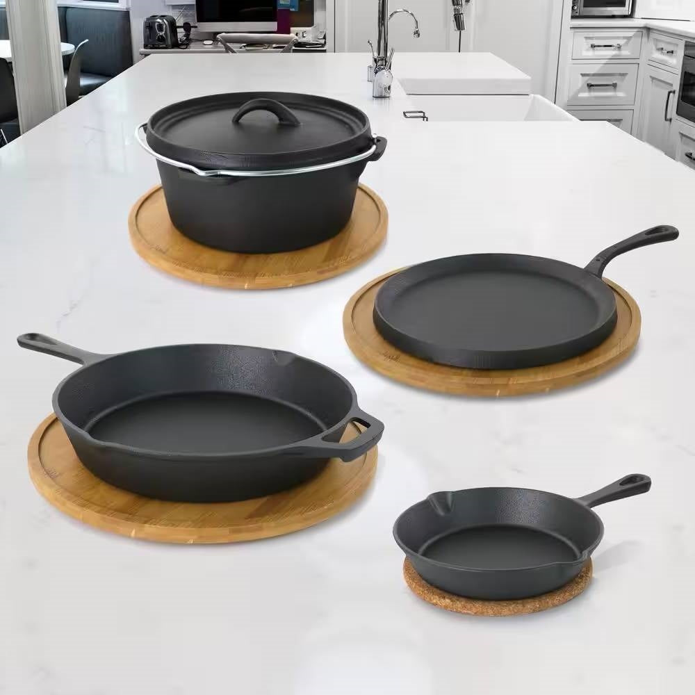 5-Piece Cast Iron Cookware Set with Dutch Oven Griddle and 2 Skillets displayed on kitchen counter.