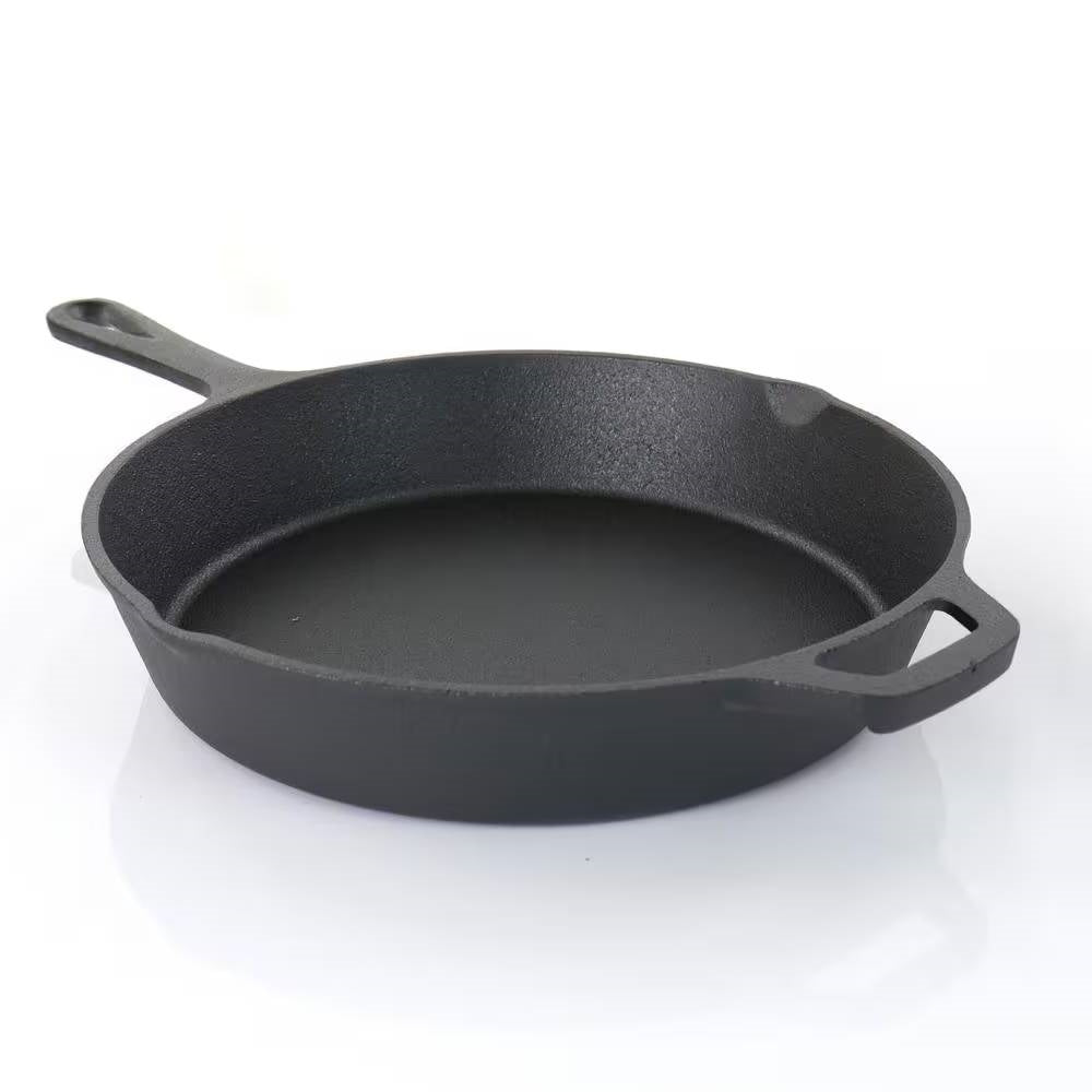 Cast iron skillet from 5-Piece Cast Iron Cookware Set with Dutch Oven Griddle and 2 Skillets, perfect for versatile cooking.