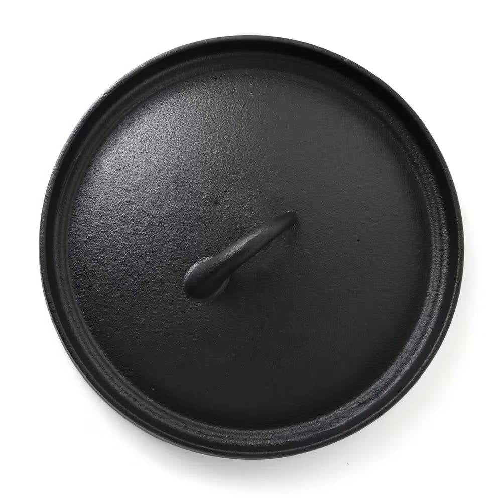 Lid from 5-Piece Cast Iron Cookware Set with Dutch Oven Griddle and 2 Skillets, perfect for sauté, searing, and more.