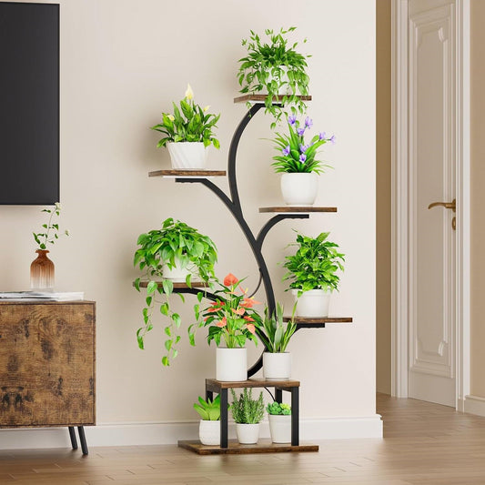 Modern 49-inch Tall Indoor Plant Stand Display Shelf with Grow Lights featuring plants in a stylish home setting.