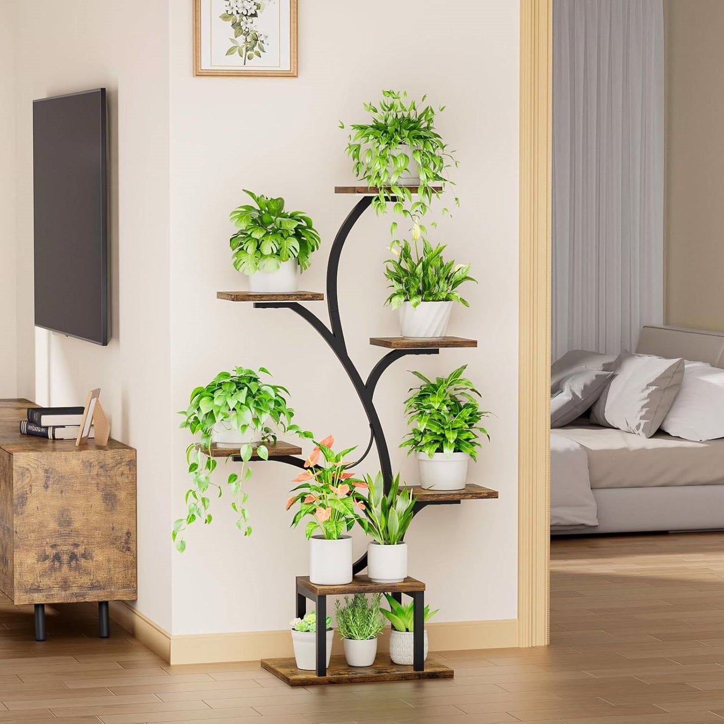 Modern 49-inch Tall Indoor Plant Stand Display Shelf with Grow Lights showcasing vibrant potted plants in a home setting
