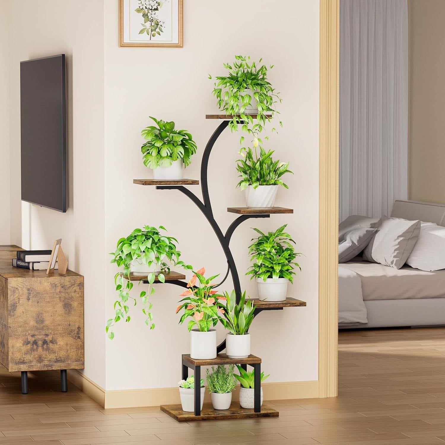 Modern 49-inch Tall Indoor Plant Stand Display Shelf with Grow Lights showcasing vibrant potted plants in a home setting