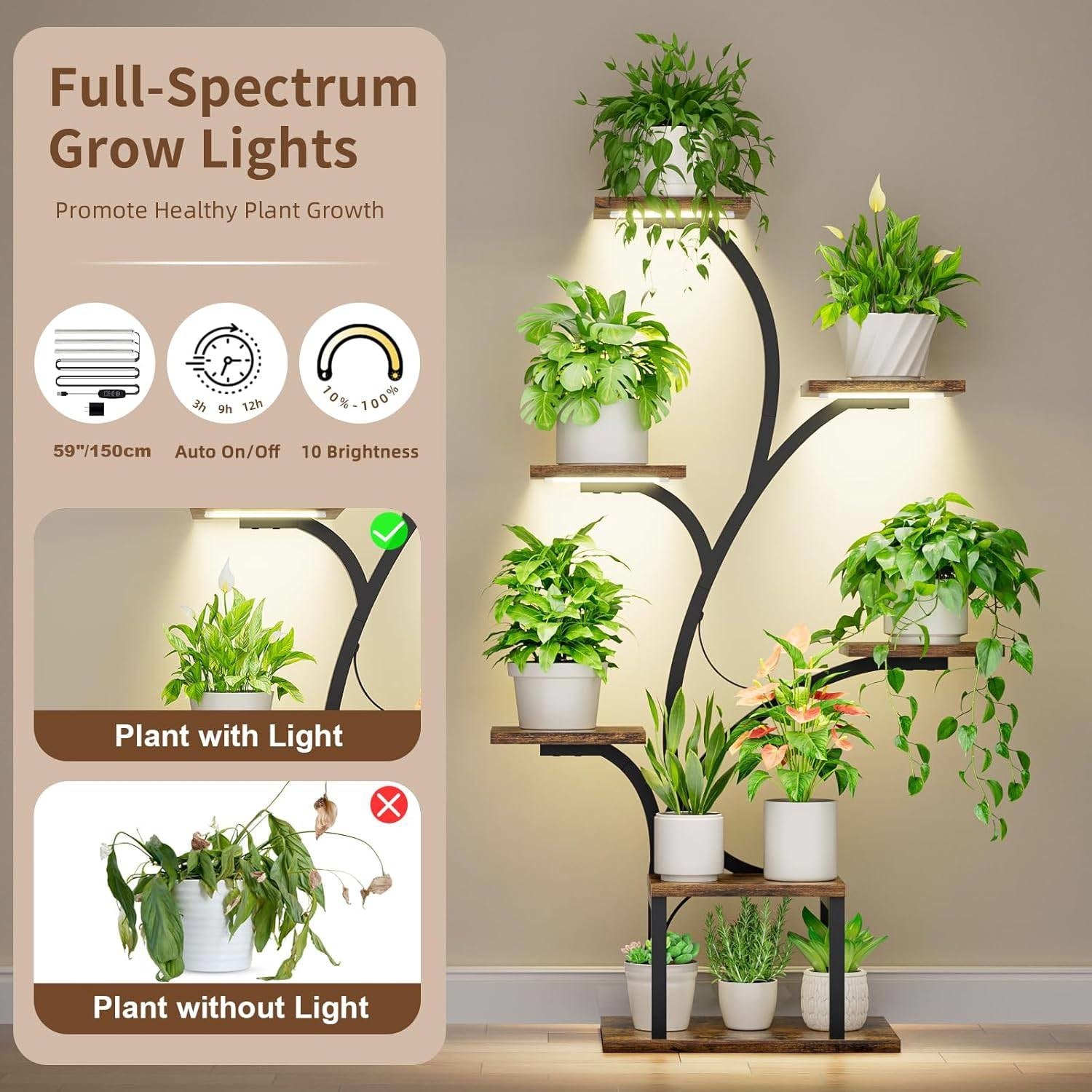 Modern 49-inch Tall Indoor Plant Stand Display Shelf with Grow Lights featuring adjustable brightness and color settings for plant growth.