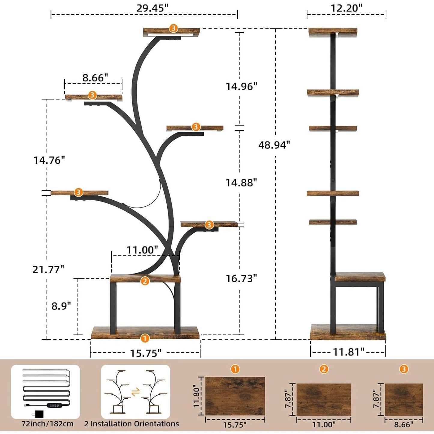 Dimensions and design of Modern 49-inch Tall Indoor Plant Stand Display Shelf with Grow Lights shown in diagrams.