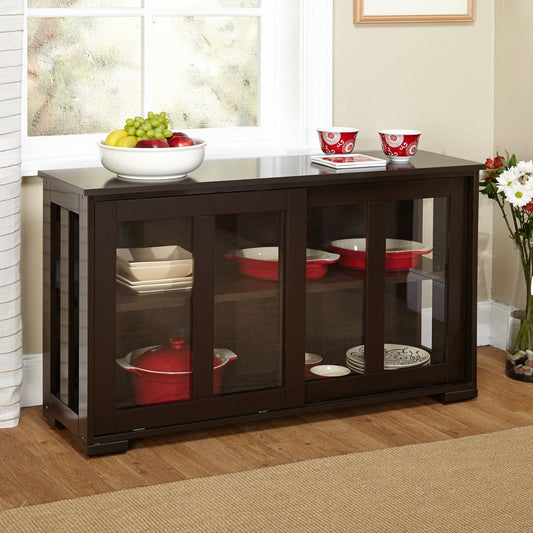 Espresso Sideboard Buffet Dining Kitchen Cabinet with 2 Glass Sliding Doors in kitchen with dishes displayed