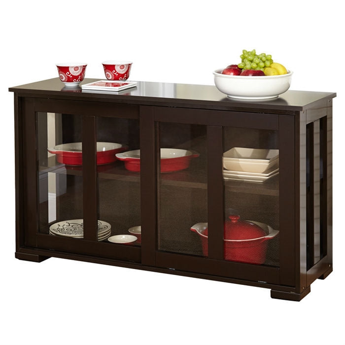 Espresso Sideboard Buffet Dining Kitchen Cabinet with 2 Glass Sliding Doors showcasing kitchenware and decor.