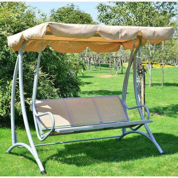Sturdy 3-Person Outdoor Patio Porch Canopy Swing in Sand Color on green lawn