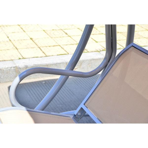 Close-up of sturdy metal frame on Sturdy 3-Person Outdoor Patio Porch Canopy Swing in Sand Color.