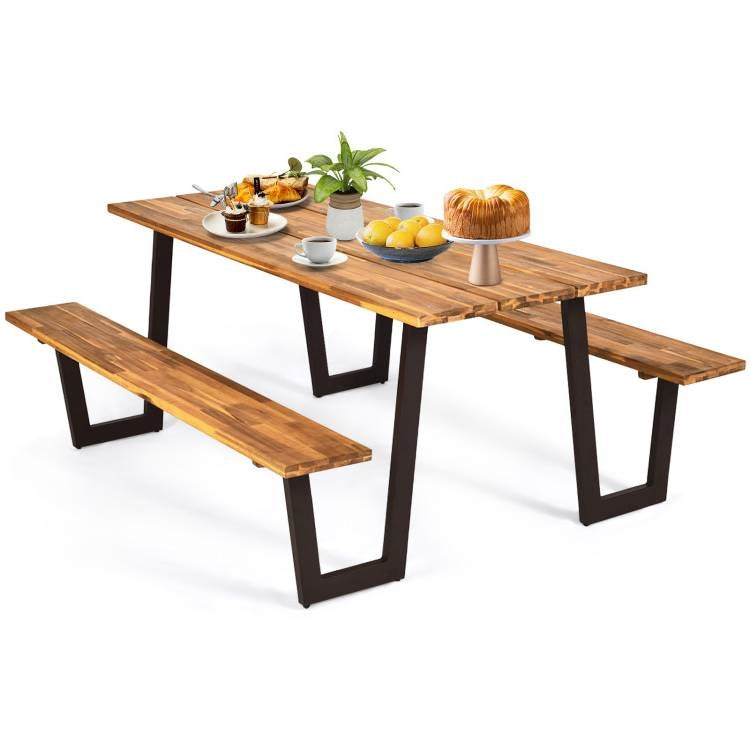 Modern Wooden Picnic Table with 2 Benches Outdoor Patio Dining Set showcasing premium acacia wood and sturdy metal frame.