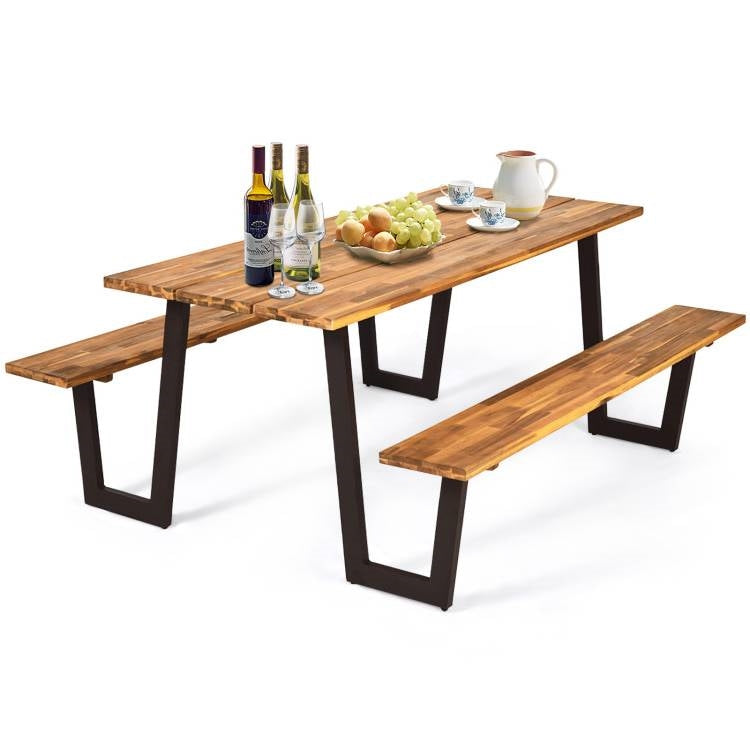 Modern Wooden Picnic Table with 2 Benches Outdoor Patio Dining Set made of acacia wood and metal frame, styled with food and drinks.