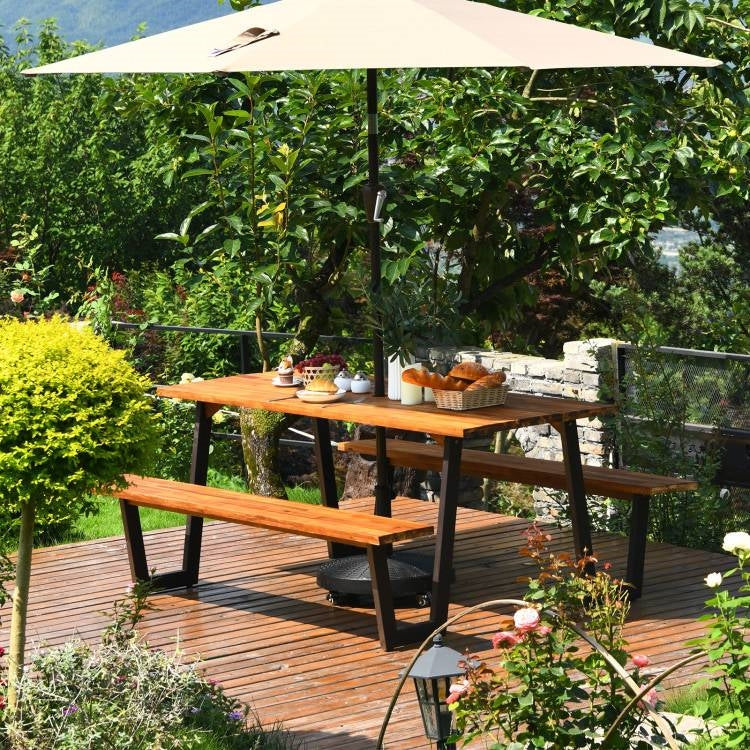 Modern Wooden Picnic Table with 2 Benches Outdoor Patio Dining Set on a deck with umbrella in a garden