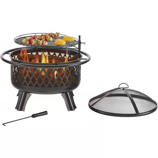 30-inch Black Steel Outdoor Fire Pit Grill with Screen and Poker featuring cooking grate and mesh safety screen.