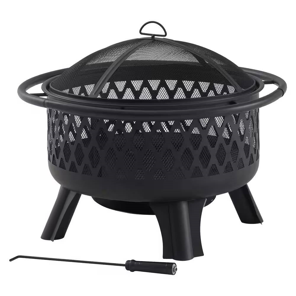 30-inch Black Steel Outdoor Fire Pit Grill with Screen and Poker featuring mesh cover and poker tool