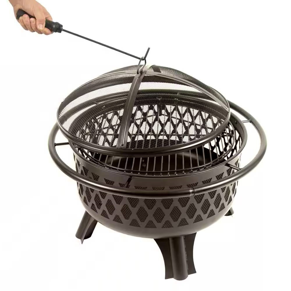 30-inch Black Steel Outdoor Fire Pit Grill with Screen and Poker featuring mesh screen and poker being opened.