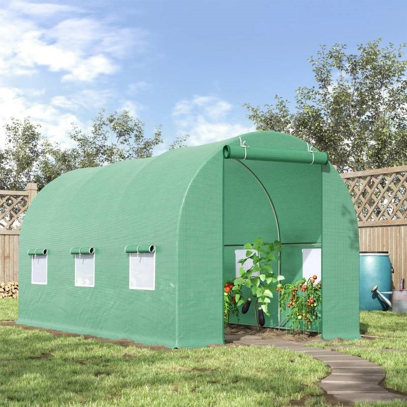 14.5 ft x 6.3 ft Outdoor Greenhouse with Green PE Cover and Sturdy Steel Frame in garden setting