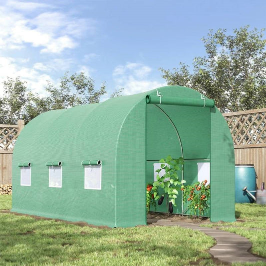 14.5 ft x 6.3 ft Outdoor Greenhouse with Green PE Cover and Sturdy Steel Frame in garden setting