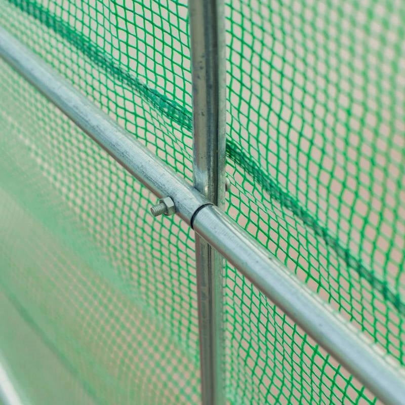 Close-up of steel frame and green PE cover of 14.5 ft x 6.3 ft Outdoor Greenhouse with Green PE Cover and Sturdy Steel Frame