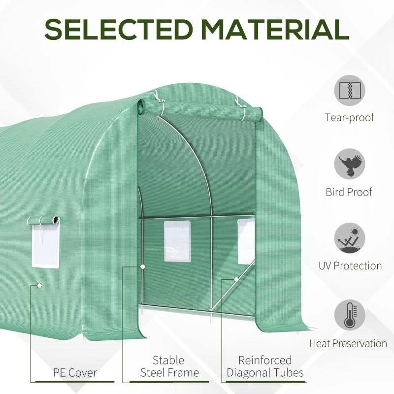 Detailed view of 14.5 ft x 6.3 ft Outdoor Greenhouse with Green PE Cover and Sturdy Steel Frame, highlighting tear-proof and UV protection features.