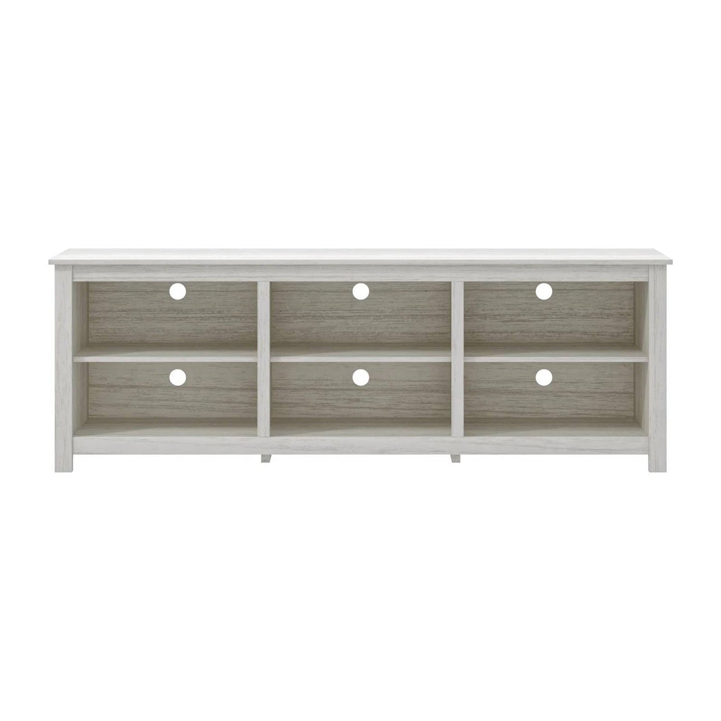 Farmhouse TV Stand in White Wood Grain Finish - for TVs up to 70-inch with six open compartments for storage and display.