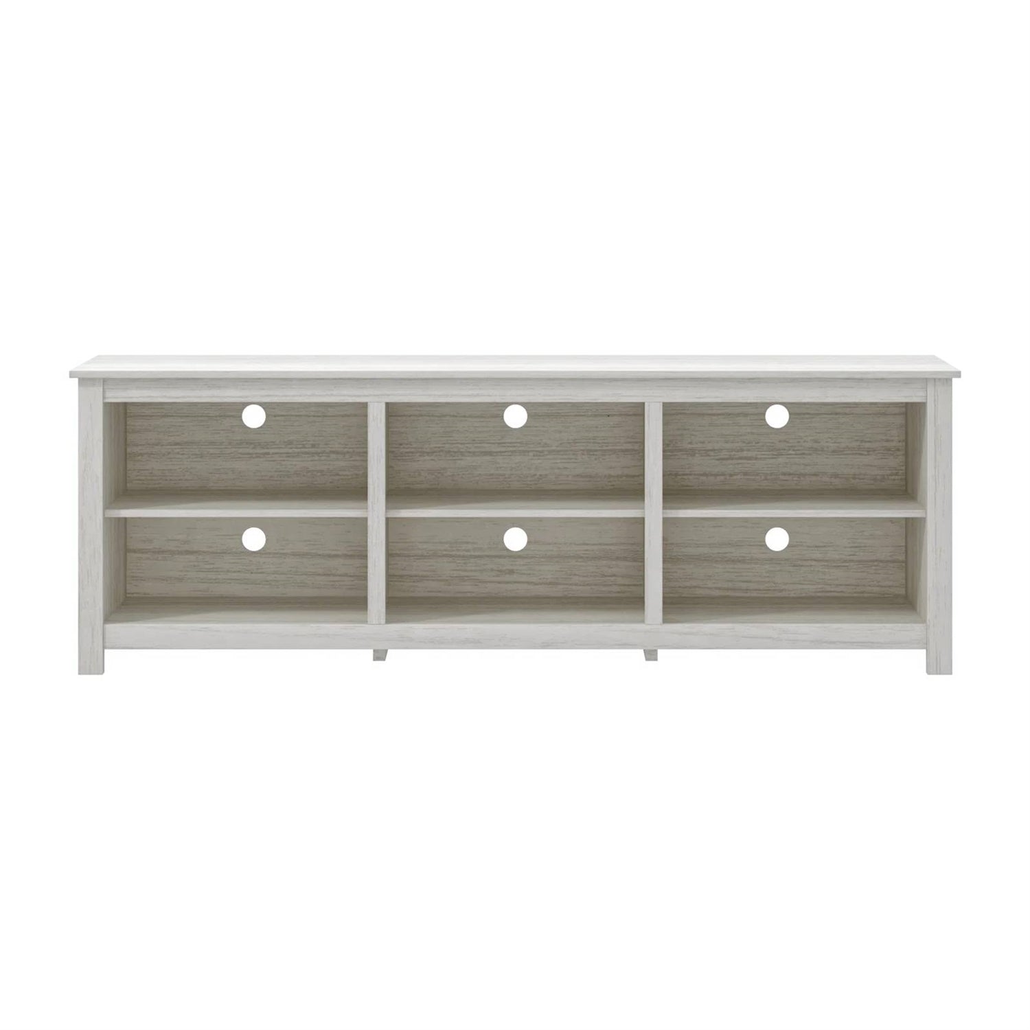 Farmhouse TV Stand in White Wood Grain Finish - for TVs up to 70-inch with six open compartments for storage and display.