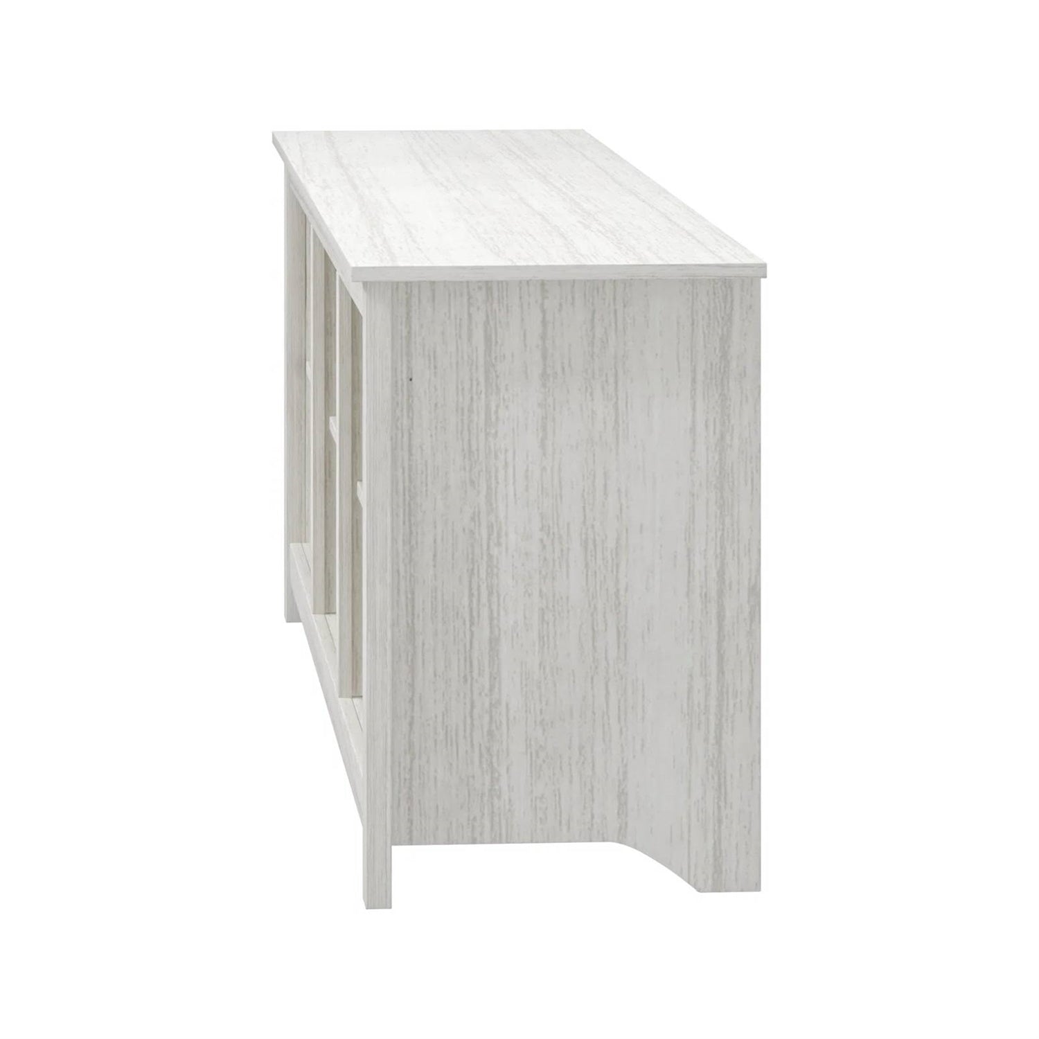 Side view of Farmhouse TV Stand in White Wood Grain Finish - for TVs up to 70-inch showing open compartments design.