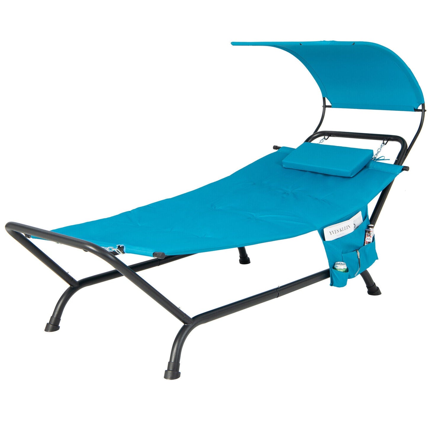 Patio Hanging Chaise Lounge Chair with Canopy Cushion Pillow and Storage Bag-Navy with rustproof metal frame and sun-proof canopy