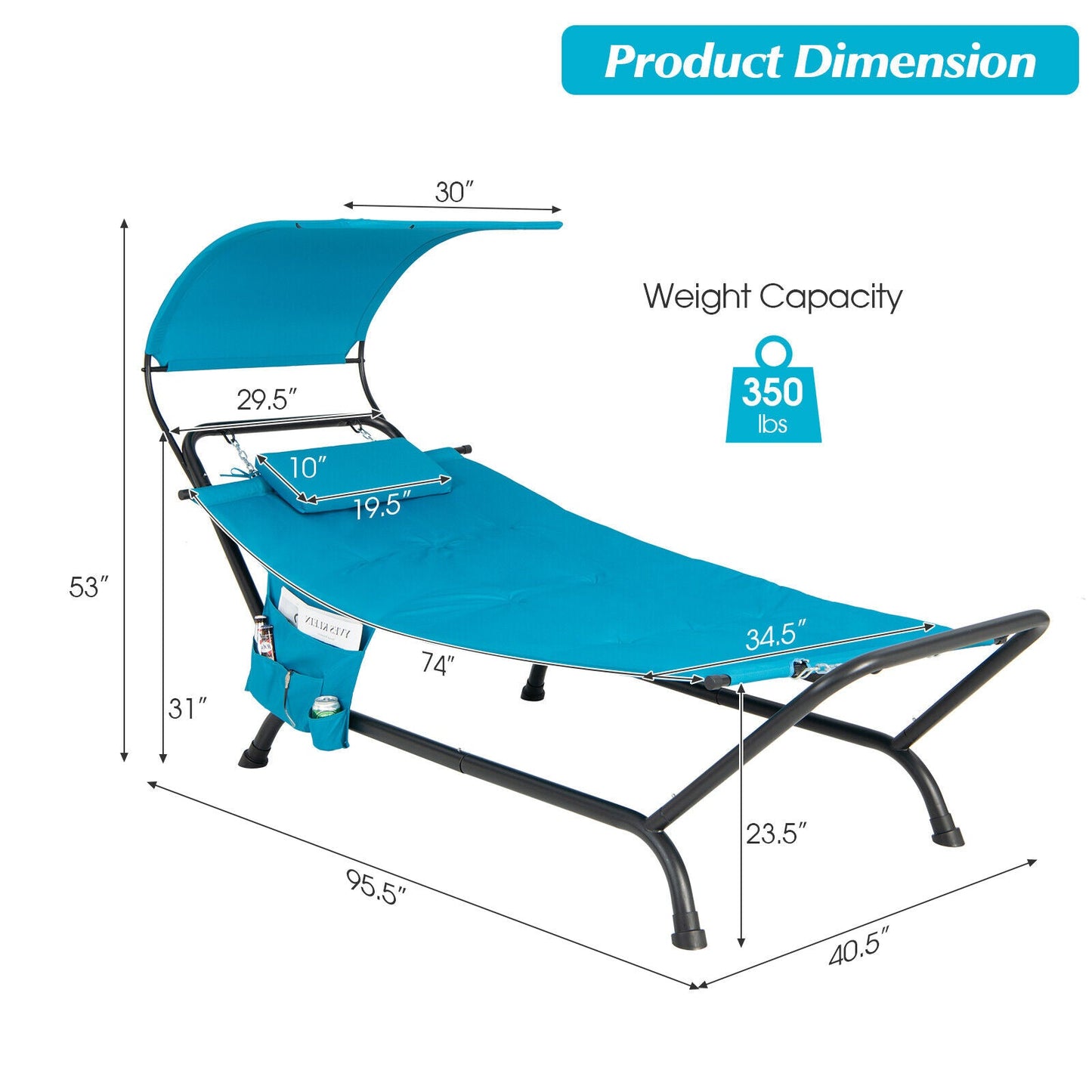 Patio Hanging Chaise Lounge Chair with Canopy Cushion Pillow and Storage Bag-Navy dimensions and weight capacity.