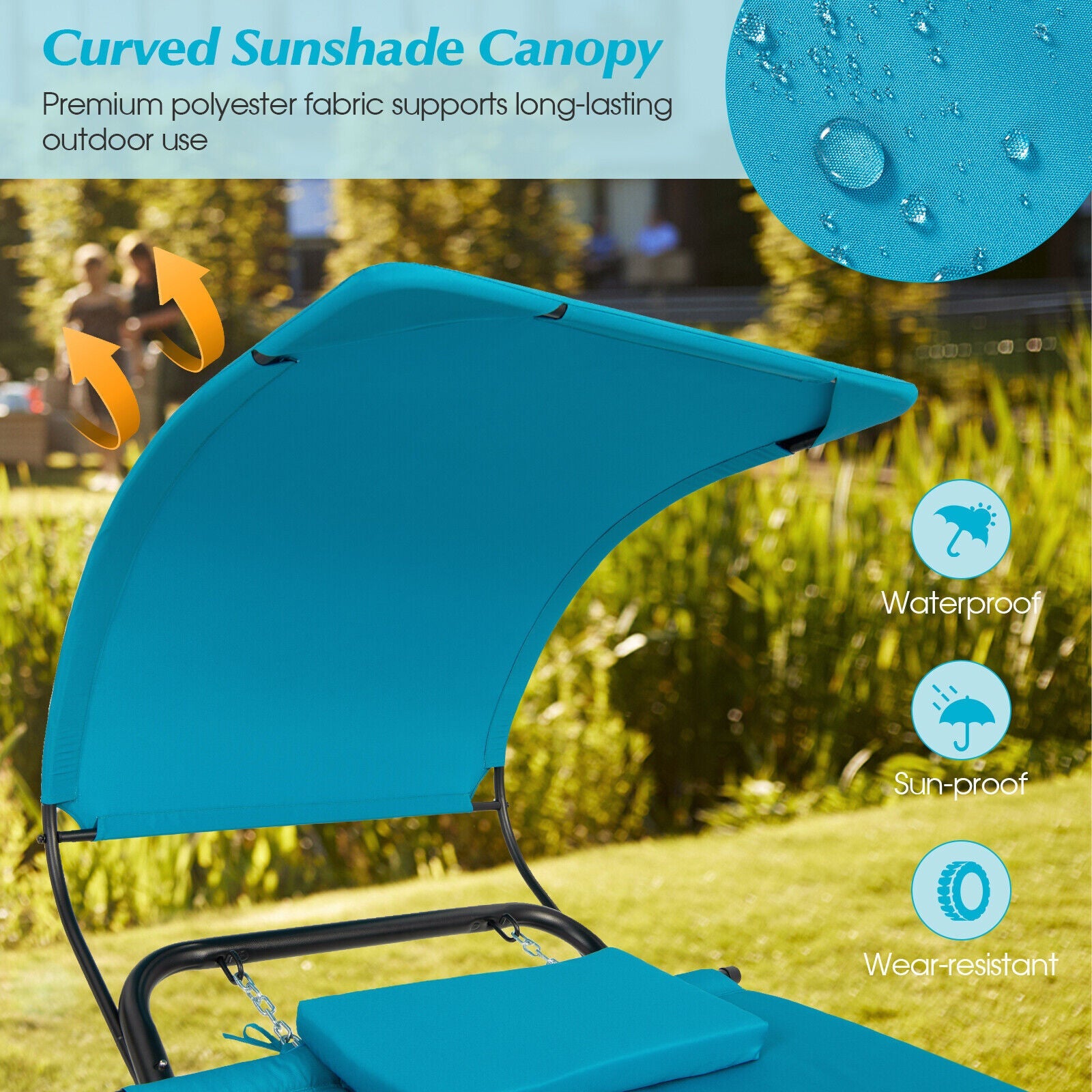 Patio Hanging Chaise Lounge Chair with Canopy Cushion Pillow and Storage Bag-Navy featuring curved sunshade canopy and waterproof fabric