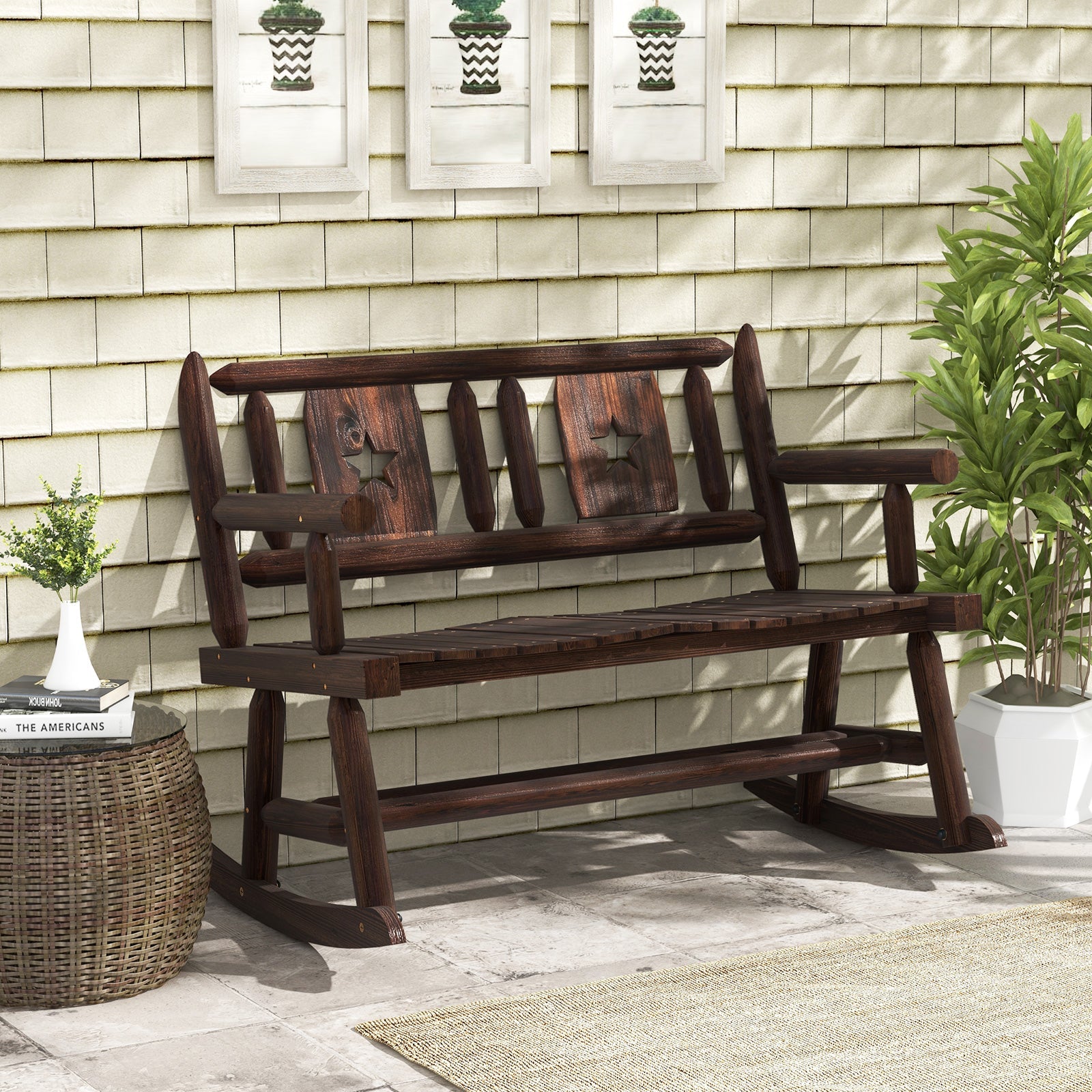 Patio Rocking Bench Double Rocker Chair with Ergonomic Seat 2-Person Loveseat, rustic brown, perfect for outdoor space