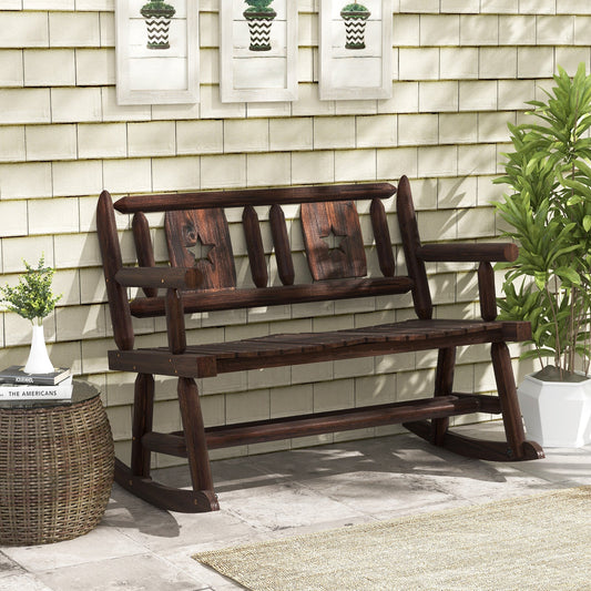 Patio Rocking Bench Double Rocker Chair with Ergonomic Seat 2-Person Loveseat, rustic brown, perfect for outdoor space