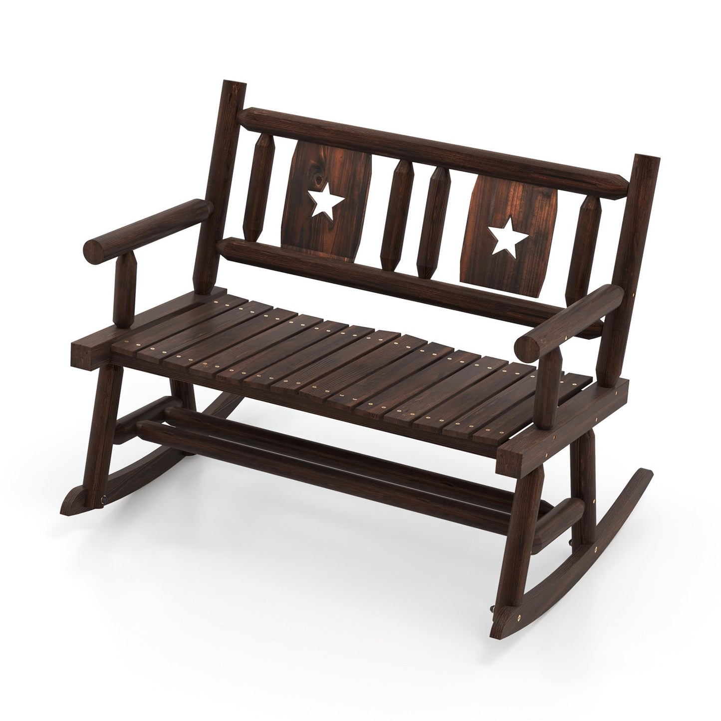 Patio Rocking Bench Double Rocker Chair with Ergonomic Seat 2-Person Loveseat in rustic brown with star pattern backrest