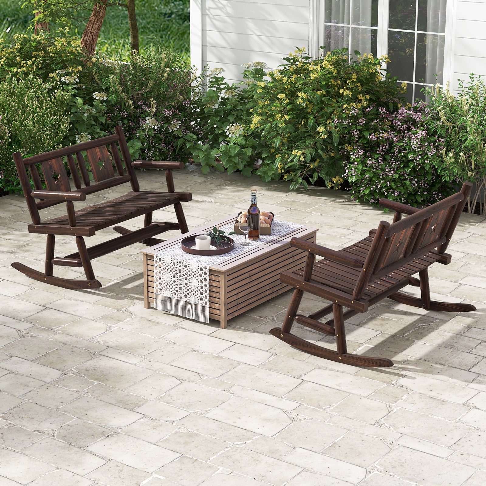 Patio Rocking Bench Double Rocker Chair with Ergonomic Seat 2-Person Loveseat on garden patio with wooden table and plants