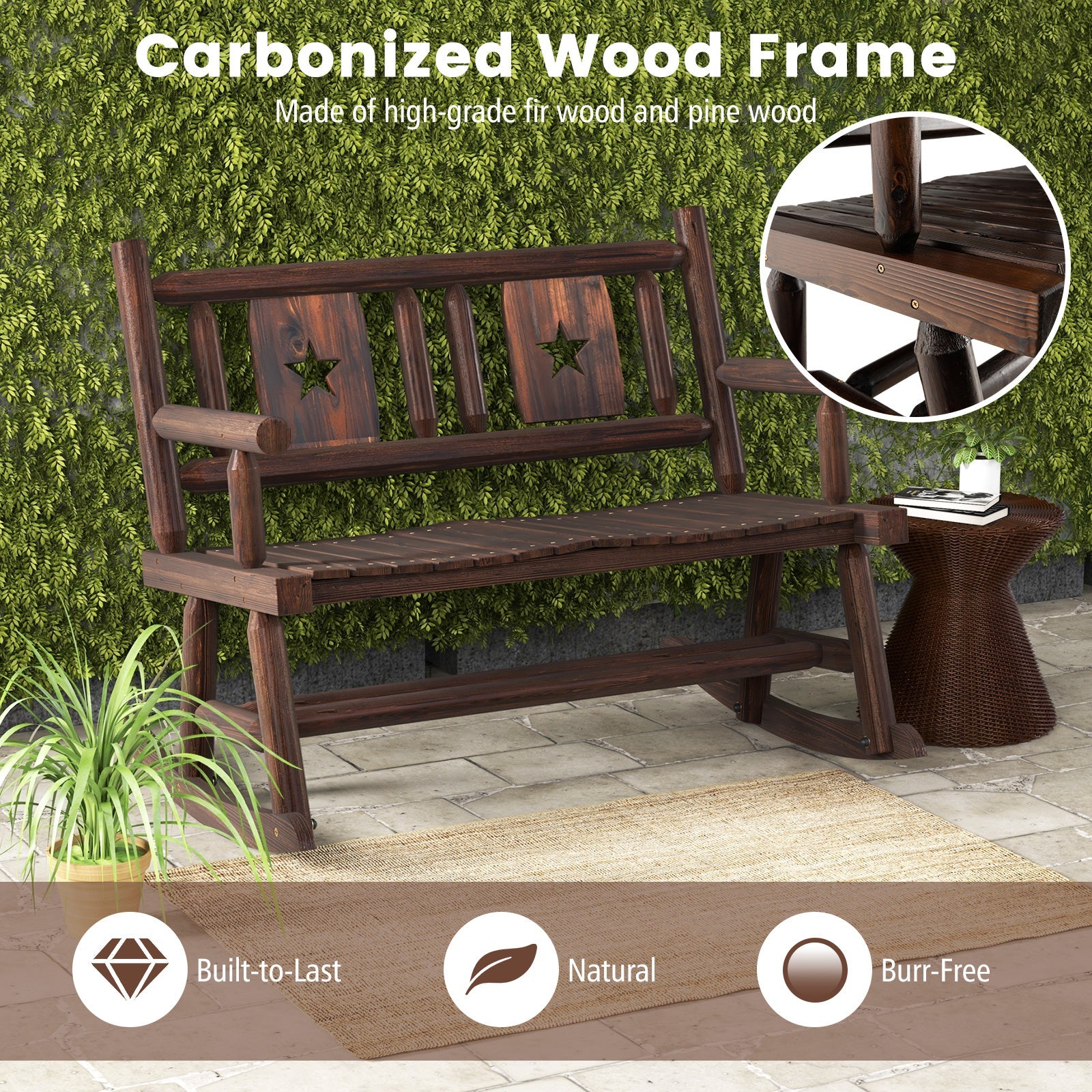Rustic Patio Rocking Bench Double Rocker Chair with Ergonomic Seat 2-Person Loveseat showcasing sturdy carbonized wood frame.