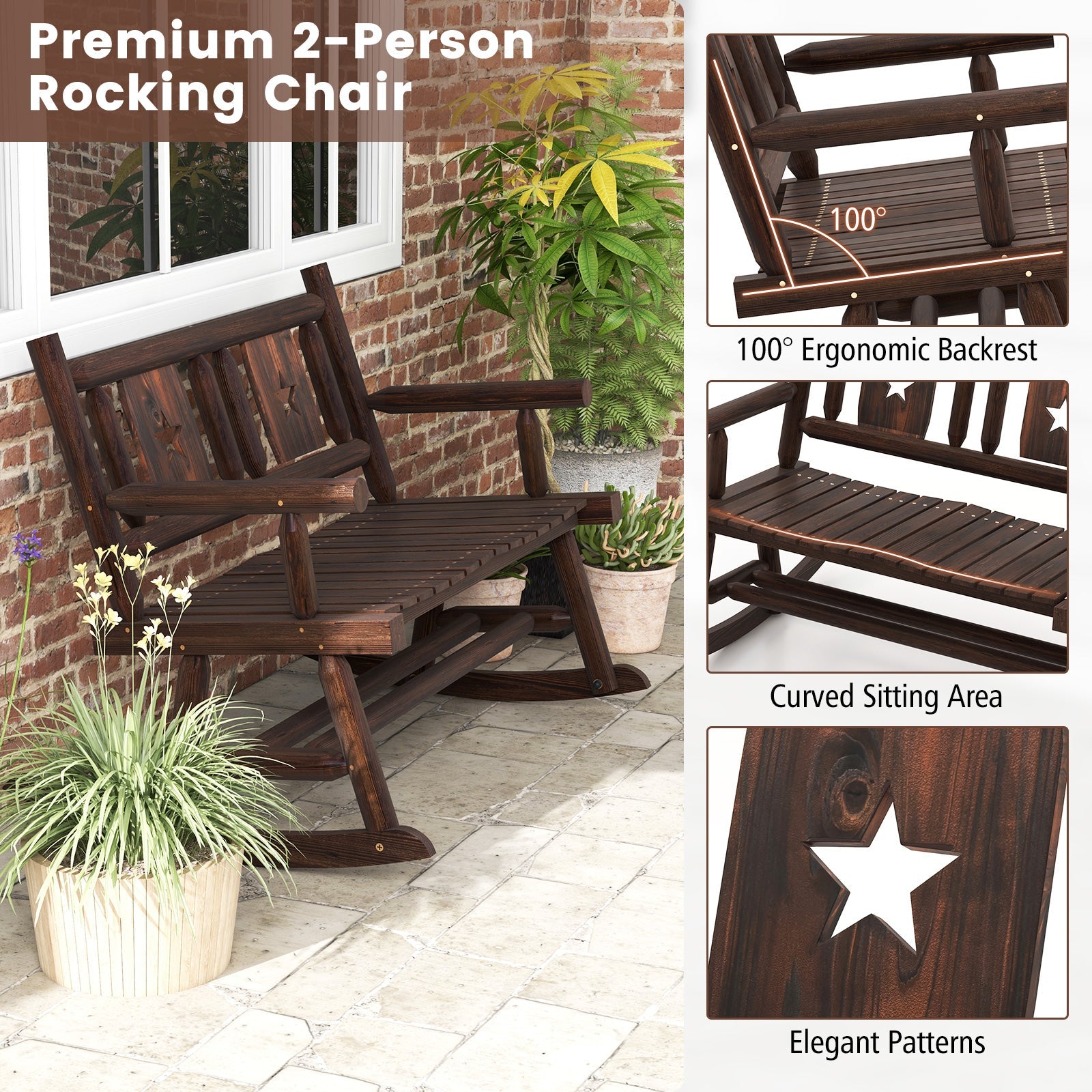 Patio Rocking Bench Double Rocker Chair with Ergonomic Seat 2-Person Loveseat featuring star pattern and rustic brown finish on patio