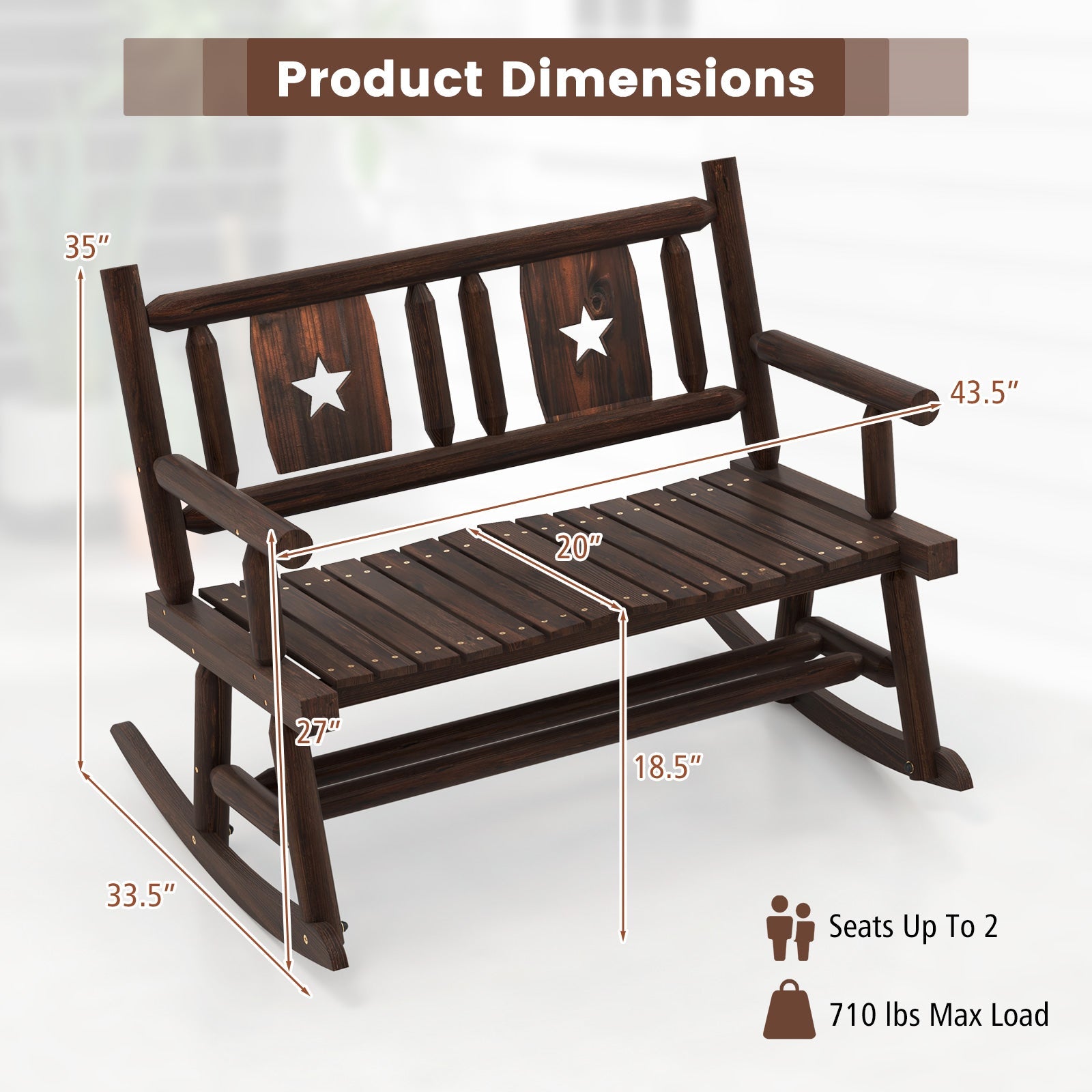 Patio Rocking Bench Double Rocker Chair with Ergonomic Seat 2-Person Loveseat, rustic finish, 710 lbs capacity, 35" x 33.5" x 43.5"