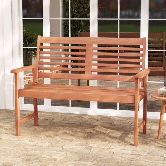 Patio Solid Wood Loveseat Outdoor 2-Seat Bench with Inclined Backrest and Slatted Seat on brick patio