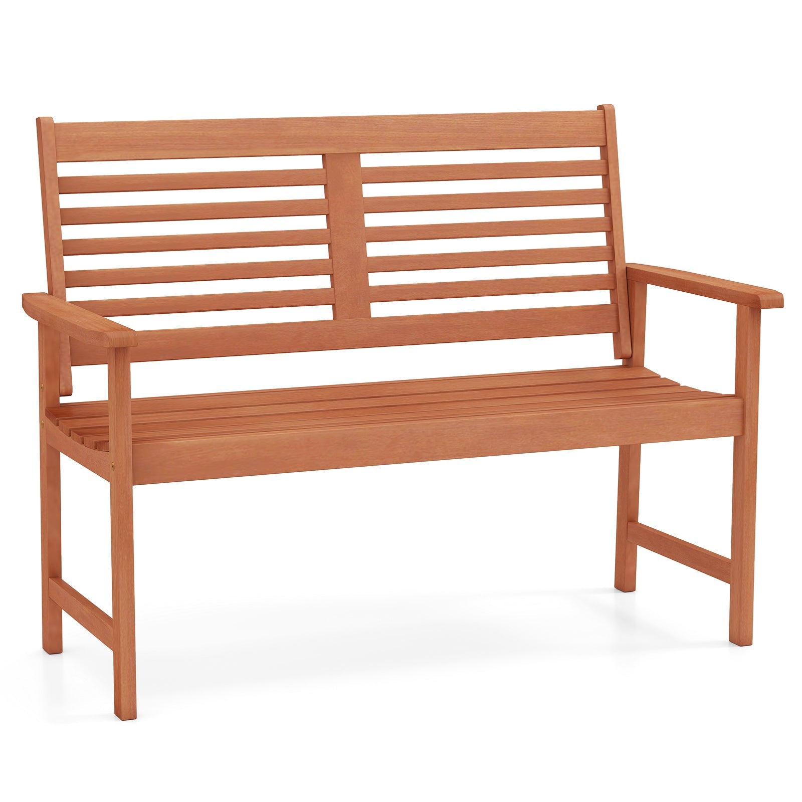Patio Solid Wood Loveseat Outdoor 2-Seat Bench with Inclined Backrest and Slatted Seat made of hardwood with teak oil finish.