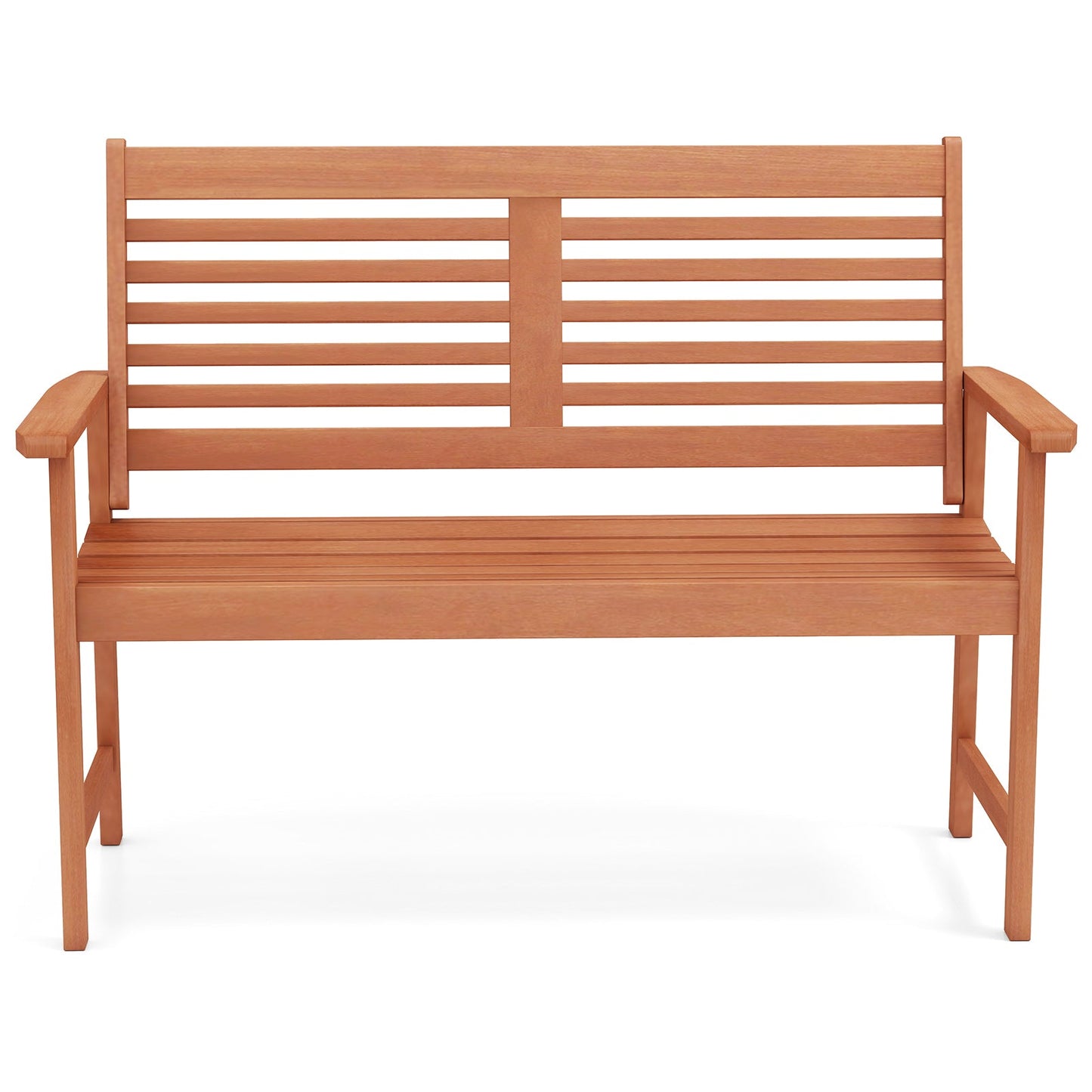 Patio Solid Wood Loveseat Outdoor 2-Seat Bench with Inclined Backrest and Slatted Seat for gardens and balconies.