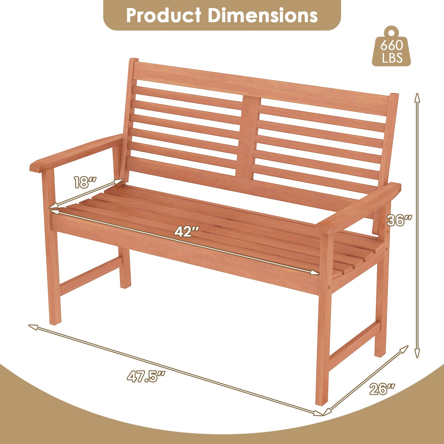 Patio Solid Wood Loveseat Outdoor 2-Seat Bench with Inclined Backrest and Slatted Seat dimensions and weight limit