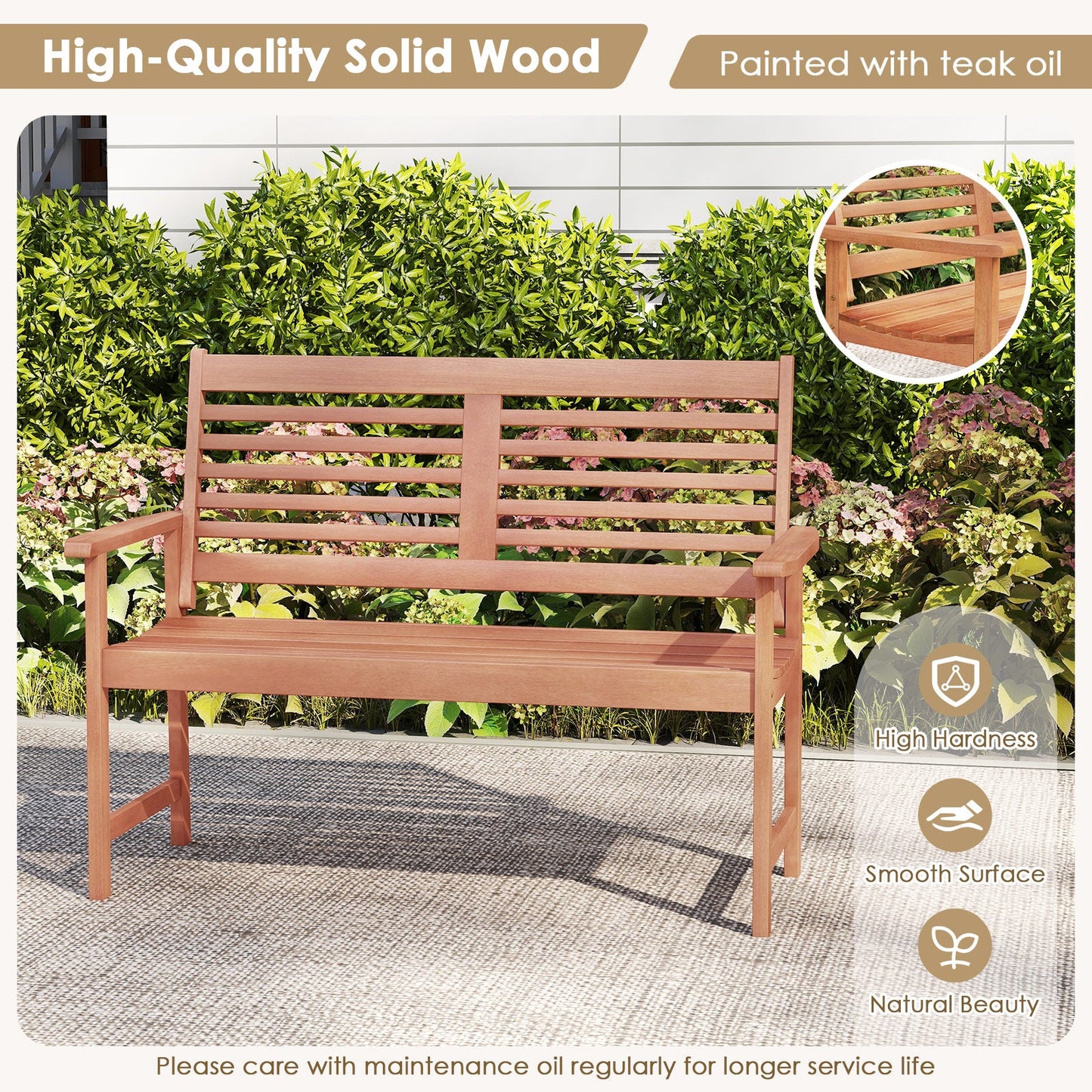 Patio Solid Wood Loveseat Outdoor 2-Seat Bench with Inclined Backrest and Slatted Seat on a sunny patio surrounded by greenery.
