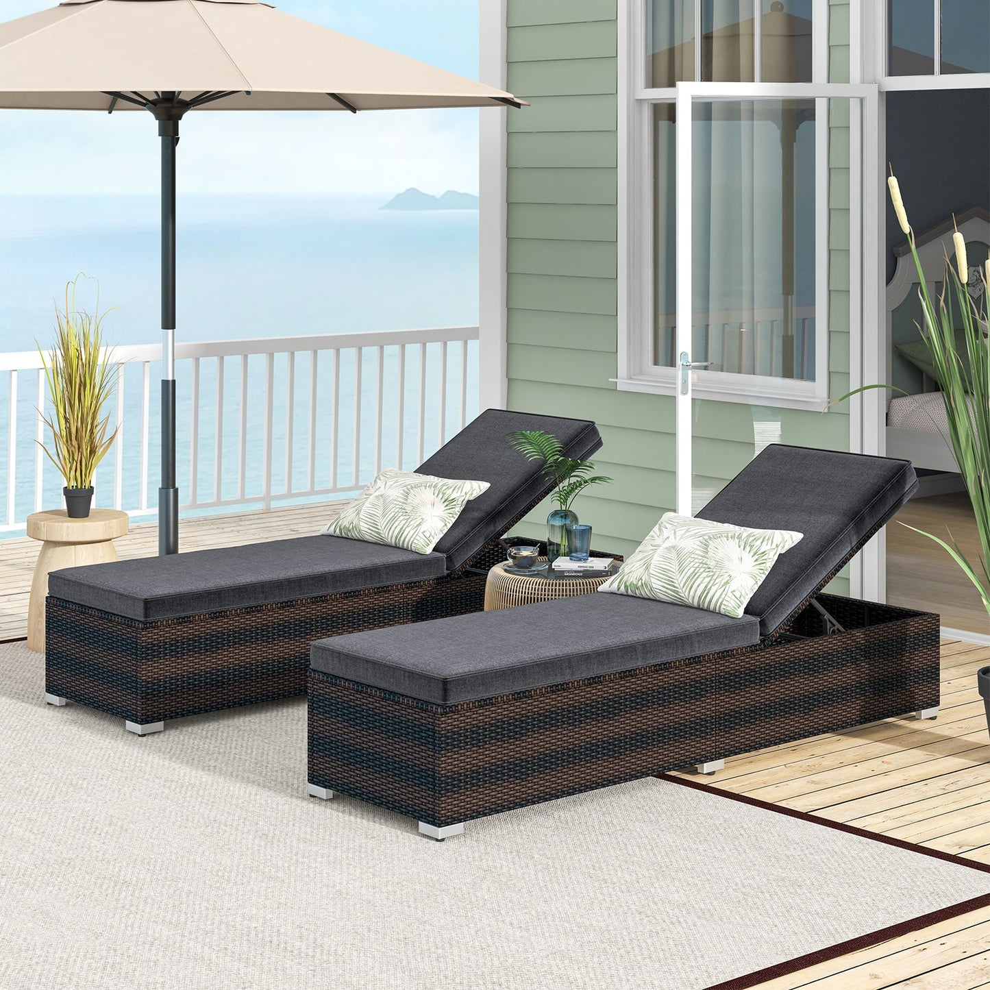 Patio Wicker Lounge Chair with 4-level Backrest and Long Seat Cushion-Brown on deck by the beach with umbrella and plants.