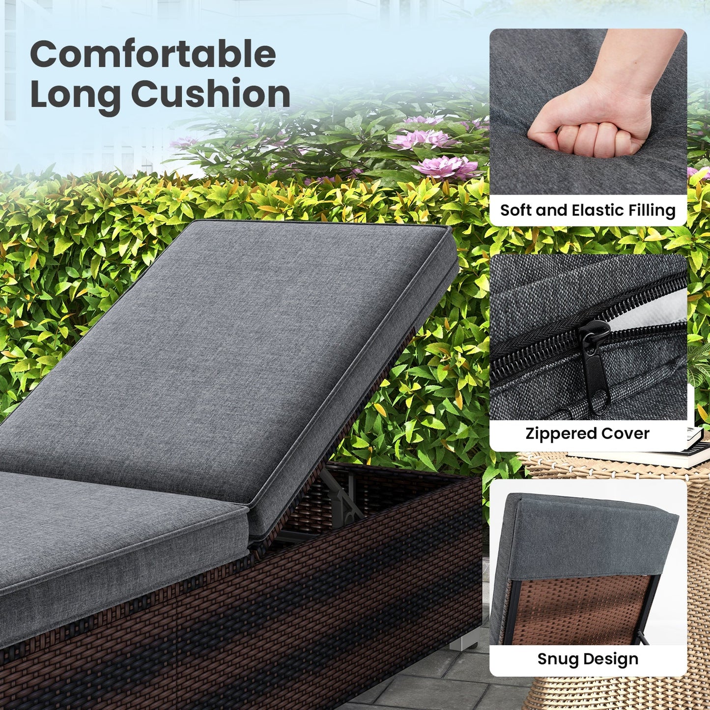 Patio Wicker Lounge Chair with 4-level Backrest and Long Seat Cushion-Brown shown with soft filling and zippered cover.