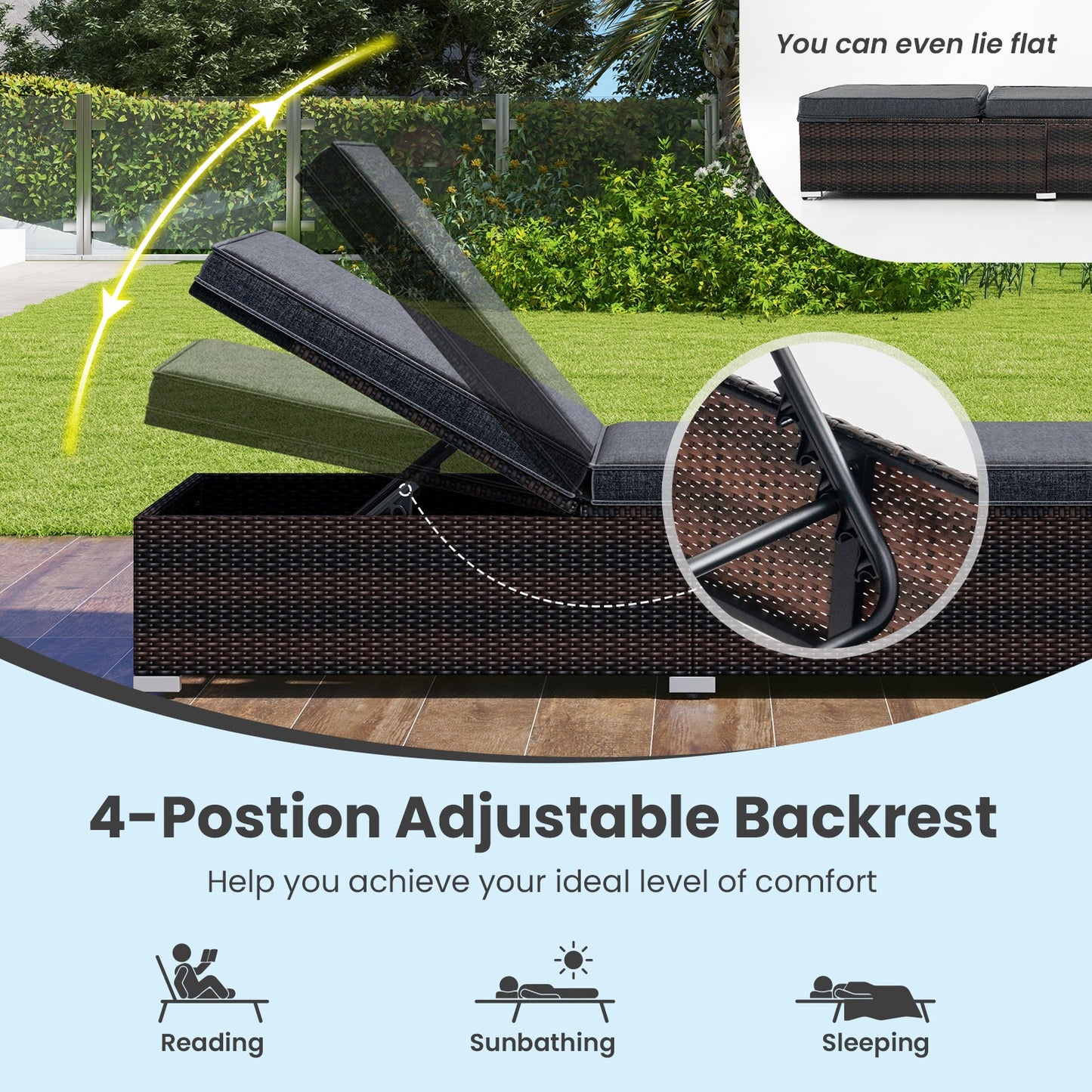Patio Wicker Lounge Chair with 4-level Backrest and Long Seat Cushion-Brown showing adjustable backrest and cushion detail