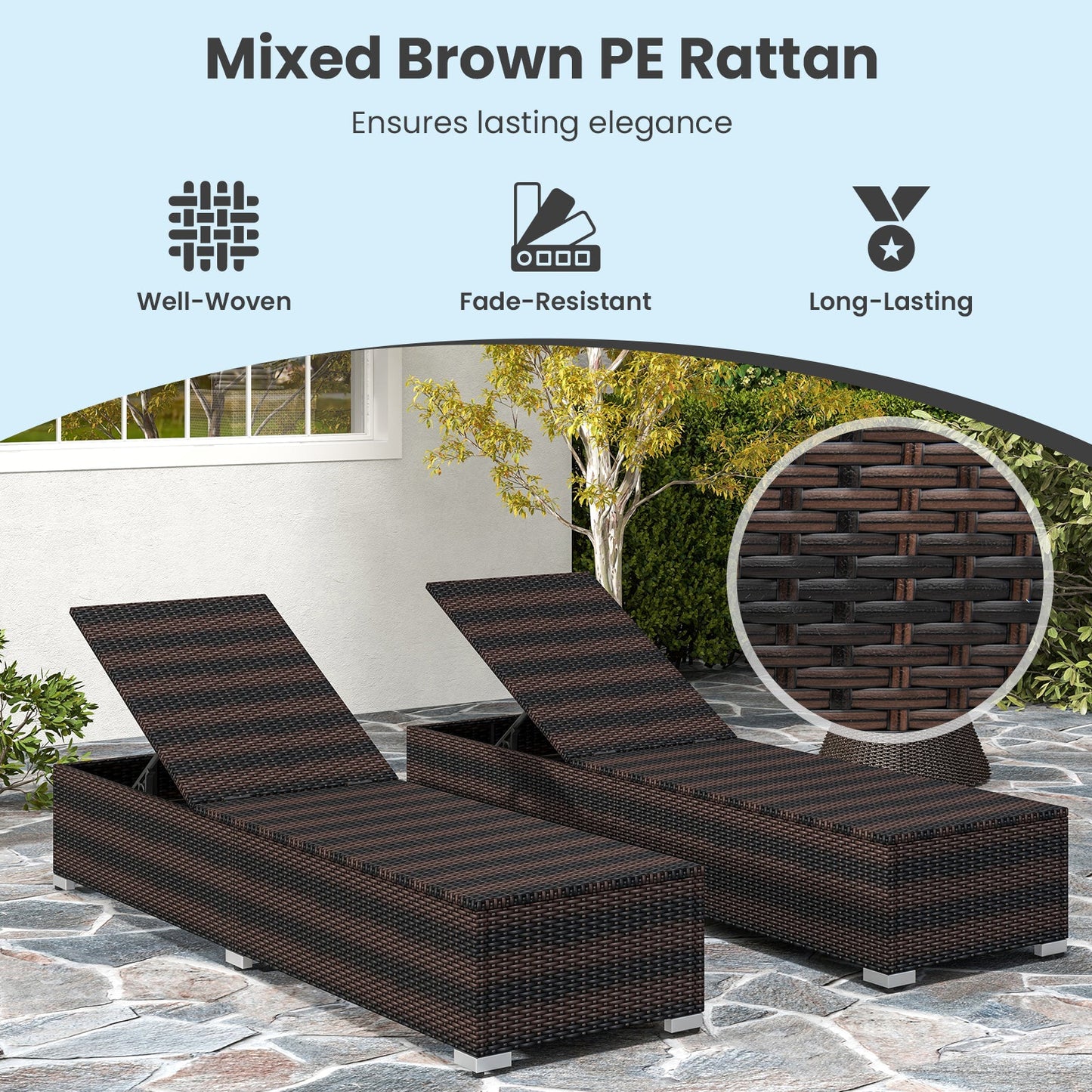 Patio Wicker Lounge Chair with 4-level Backrest and Long Seat Cushion-Brown showcasing well-woven PE rattan and elegant design.