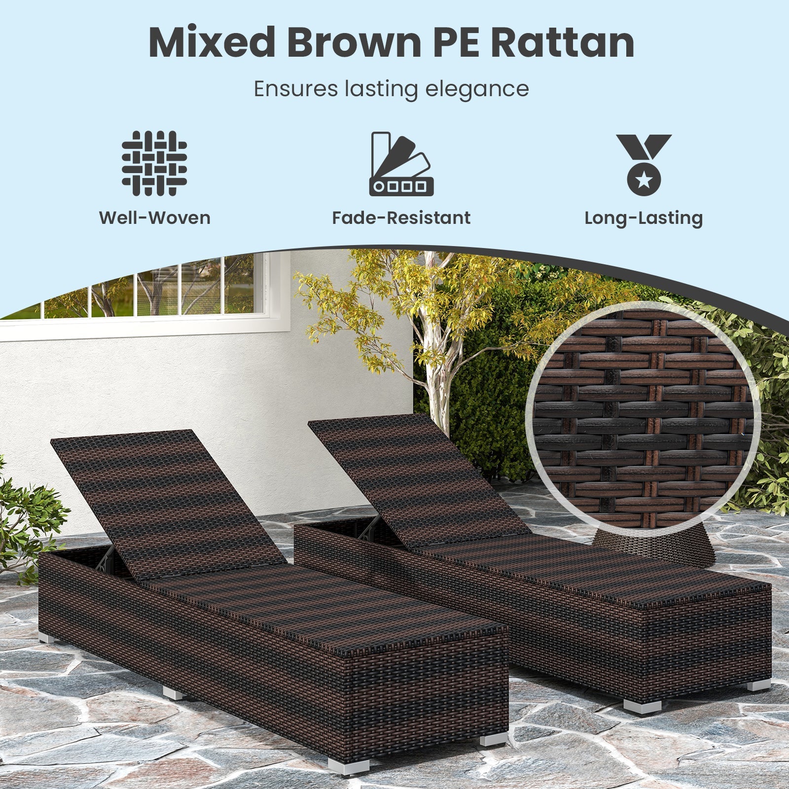 Patio Wicker Lounge Chair with 4-level Backrest and Long Seat Cushion-Brown showcasing well-woven PE rattan and elegant design.