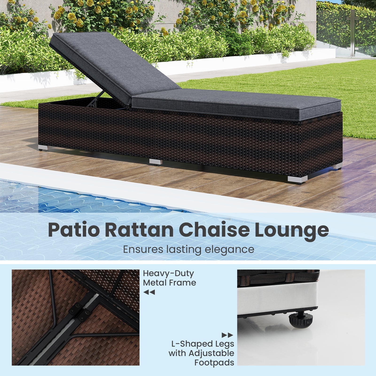 Patio Wicker Lounge Chair with 4-level Backrest and Long Seat Cushion-Brown on poolside patio