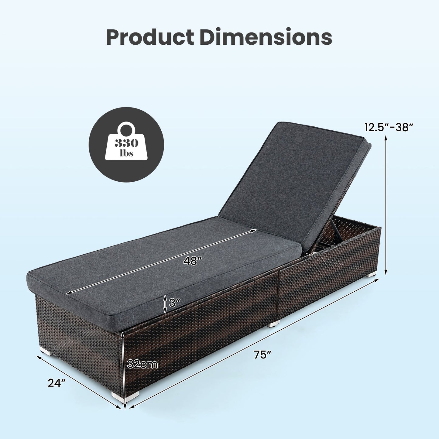 Patio Wicker Lounge Chair with 4-level Backrest and Long Seat Cushion-Brown dimensions and weight capacity