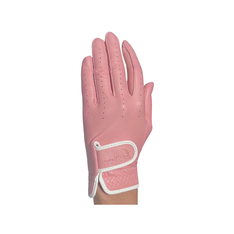 Premium Elongated Golf Gloves for women, pink leather design, tailored fit, featuring improved grip and durability for female golfers.
