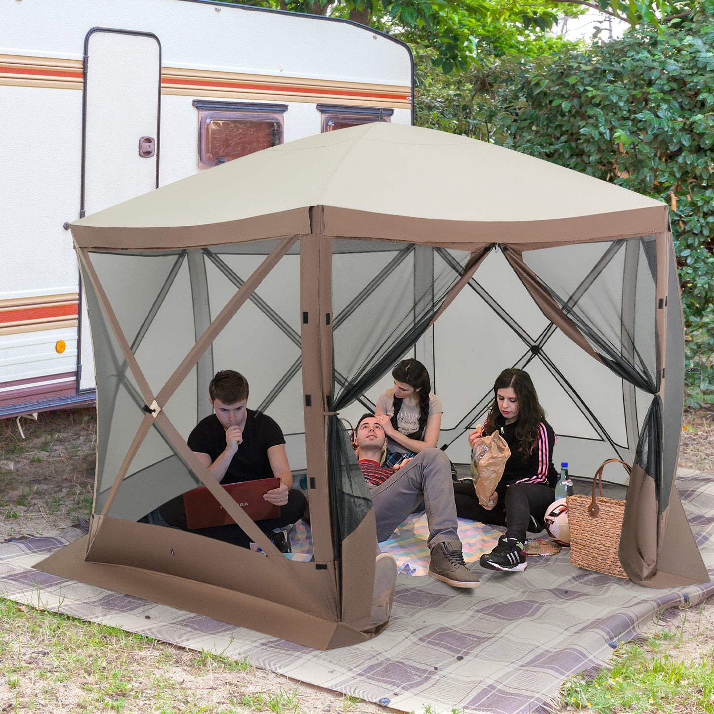 Pop-up Gazebo 6-sided Instant Setup Screen House Hub Tent with Mesh Netting Walls-Coffee in campsite setting